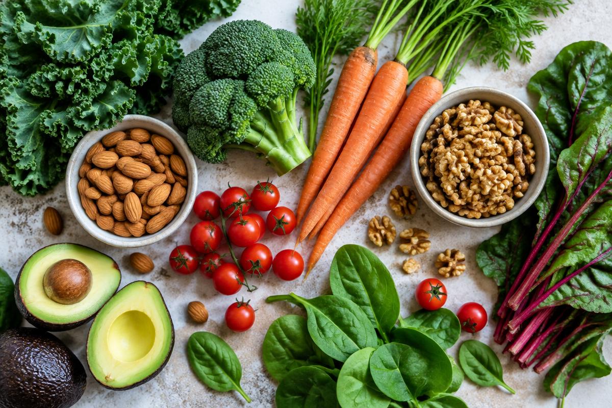 A fresh vegetables-and-nuts flat lay