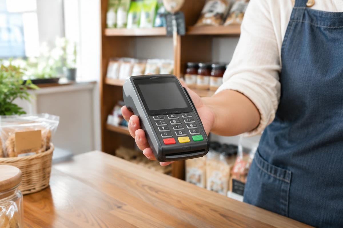 A hand holding a card terminal at a small-shop counter